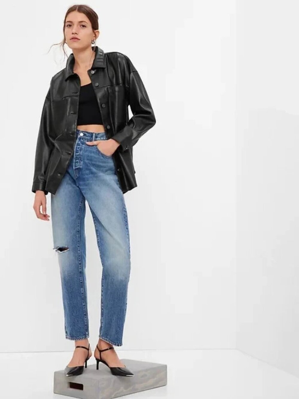 GAP Black Vegan Faux Leather Shirt Shacket Size Medium